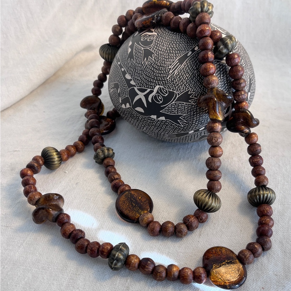 Wood Beaded Necklace 24" glass & brass artsy beads